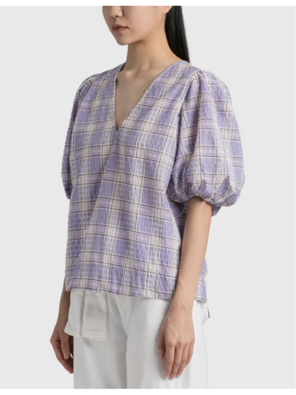 GANNI Seersucker Organic Cotton Plaid Check Puff Sleeve Top Purple White 36 4